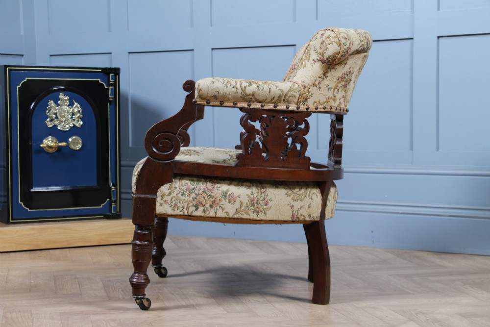 Antique Original Edwardian Carved Walnut Upholstered Fireside Tub Chair View VII