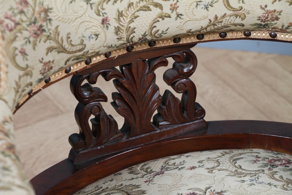 Antique Original Edwardian Carved Walnut Upholstered Fireside Tub Chair View VIII