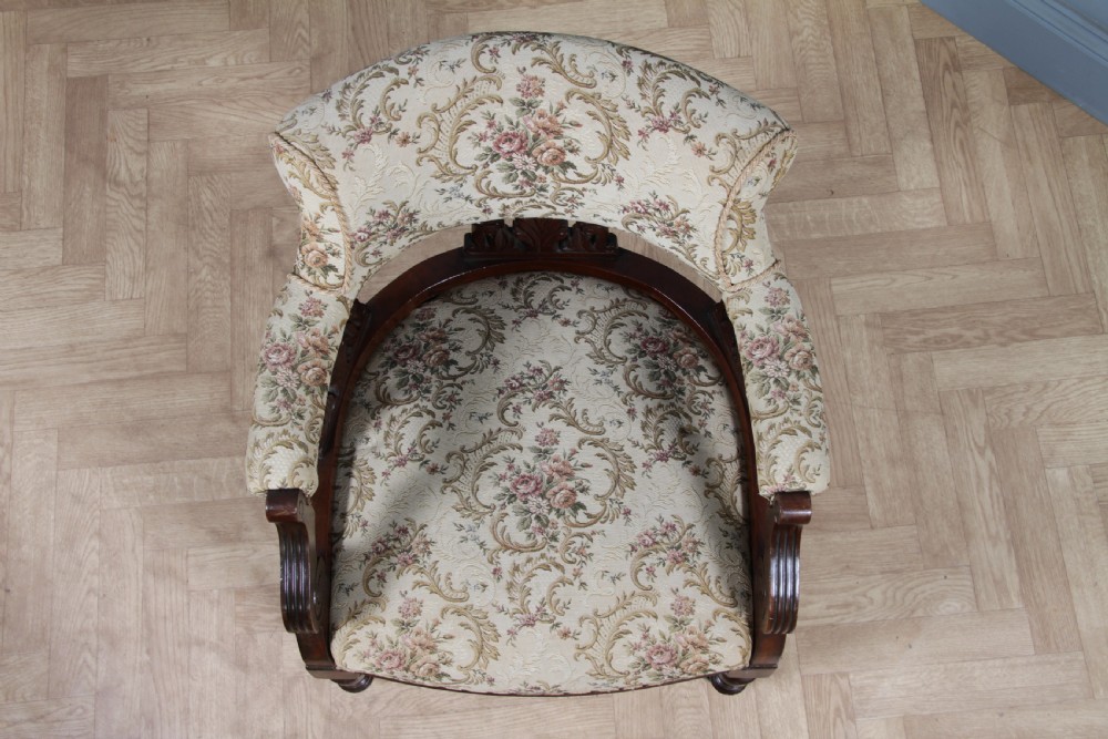 Antique Original Edwardian Carved Walnut Upholstered Fireside Tub Chair View IX
