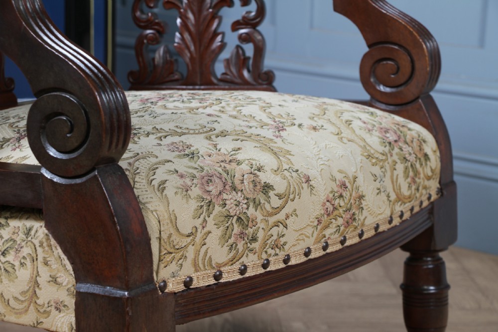 Antique Original Edwardian Carved Walnut Upholstered Fireside Tub Chair View X