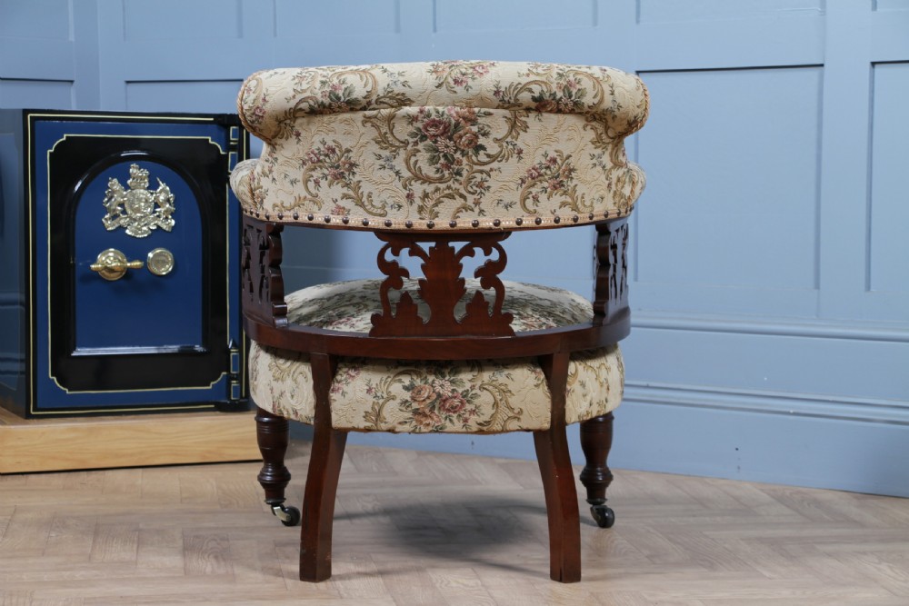 Antique Original Edwardian Carved Walnut Upholstered Fireside Tub Chair View XII