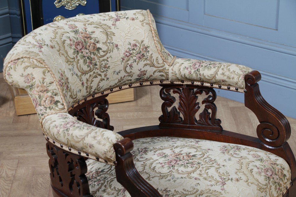 Antique Original Edwardian Carved Walnut Upholstered Fireside Tub Chair View XV