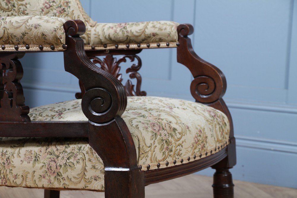 Antique Original Edwardian Carved Walnut Upholstered Fireside Tub Chair View XVI