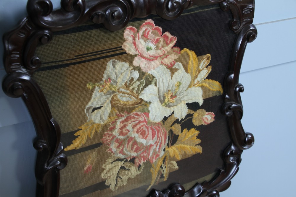 Antique Victorian Carved Mahogany Handmade Needle Point Tapestry Wall Plaque View III