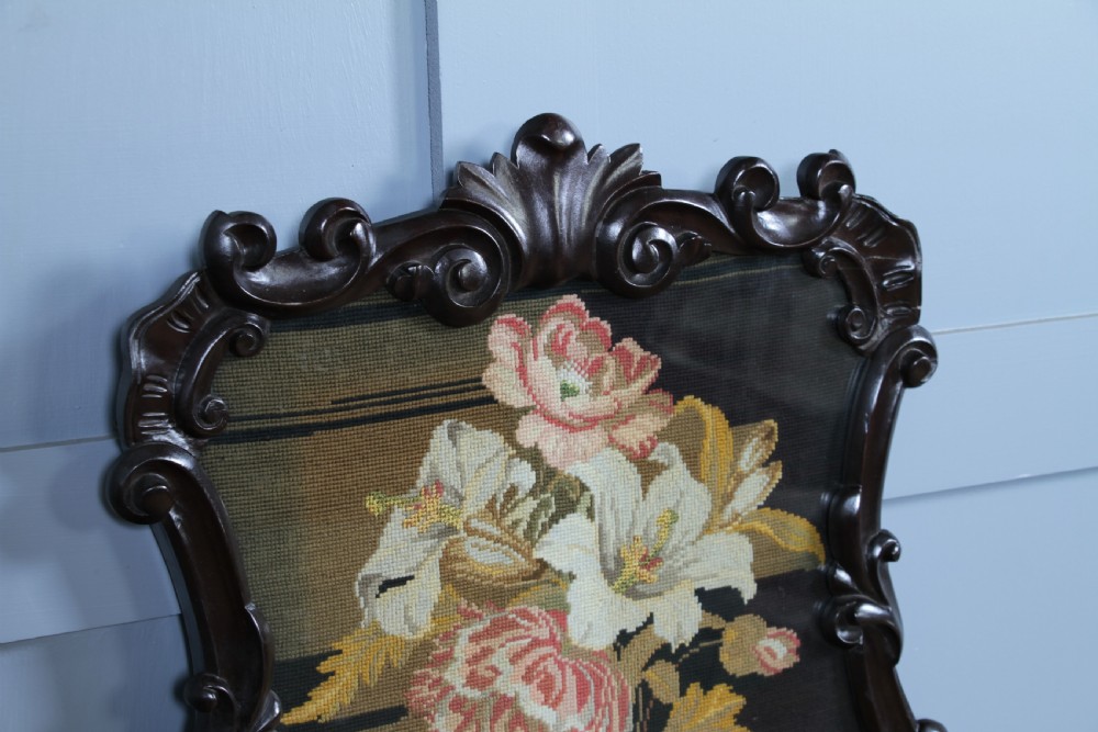 Antique Victorian Carved Mahogany Handmade Needle Point Tapestry Wall Plaque View IV
