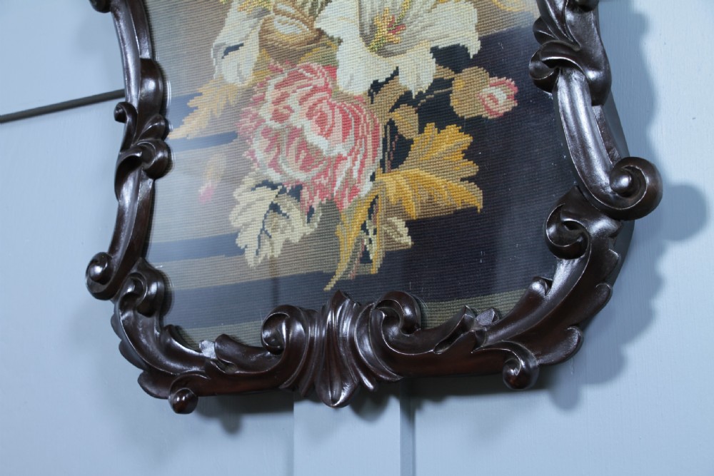 Antique Victorian Carved Mahogany Handmade Needle Point Tapestry Wall Plaque View V