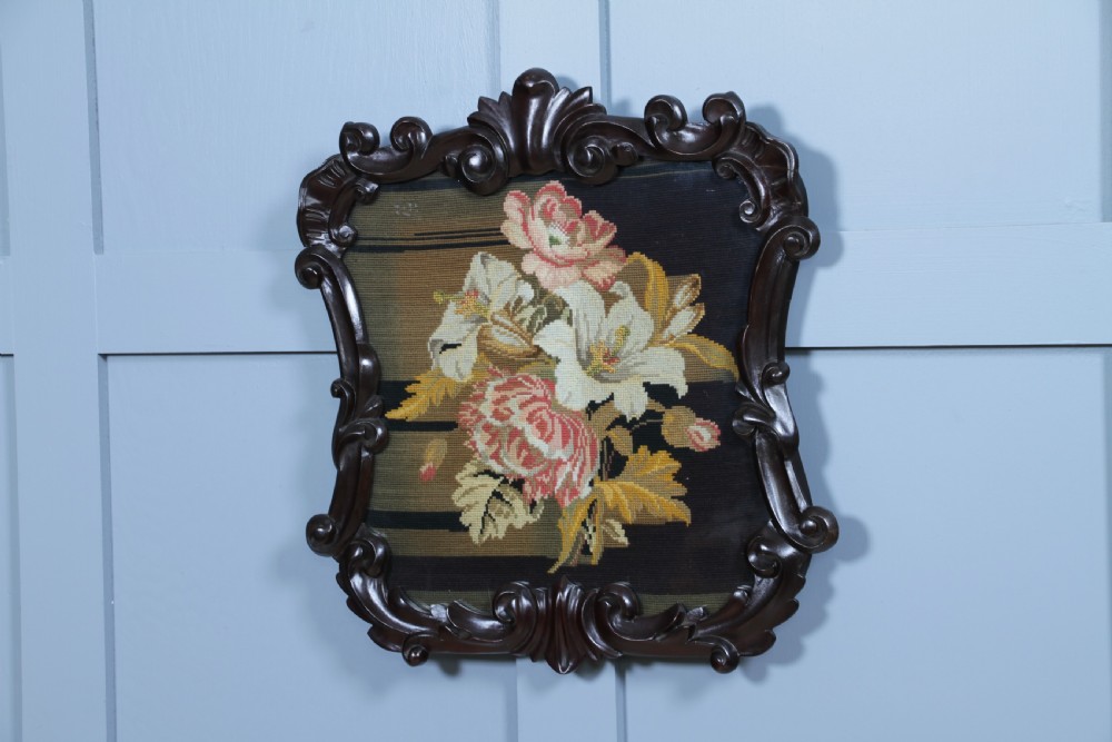 Antique Victorian Carved Mahogany Handmade Needle Point Tapestry Wall Plaque View VI