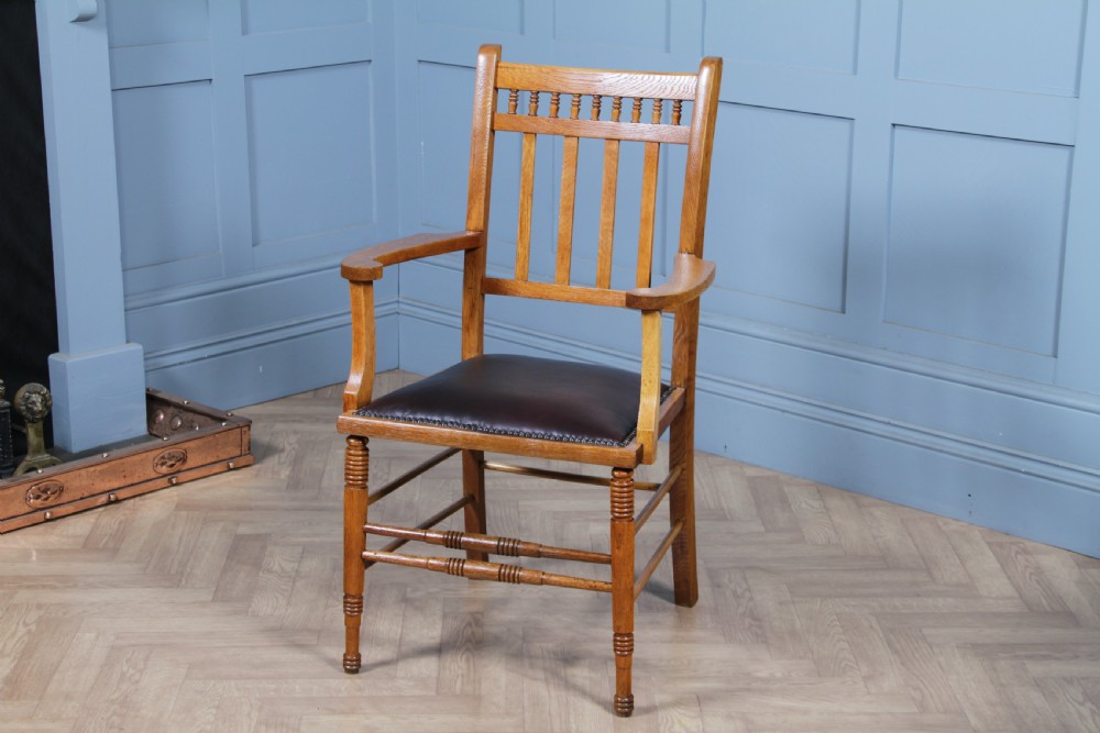 Edwardian Arts & Crafts Colonial Oak & Leather Armchair Fireside Desk Chair