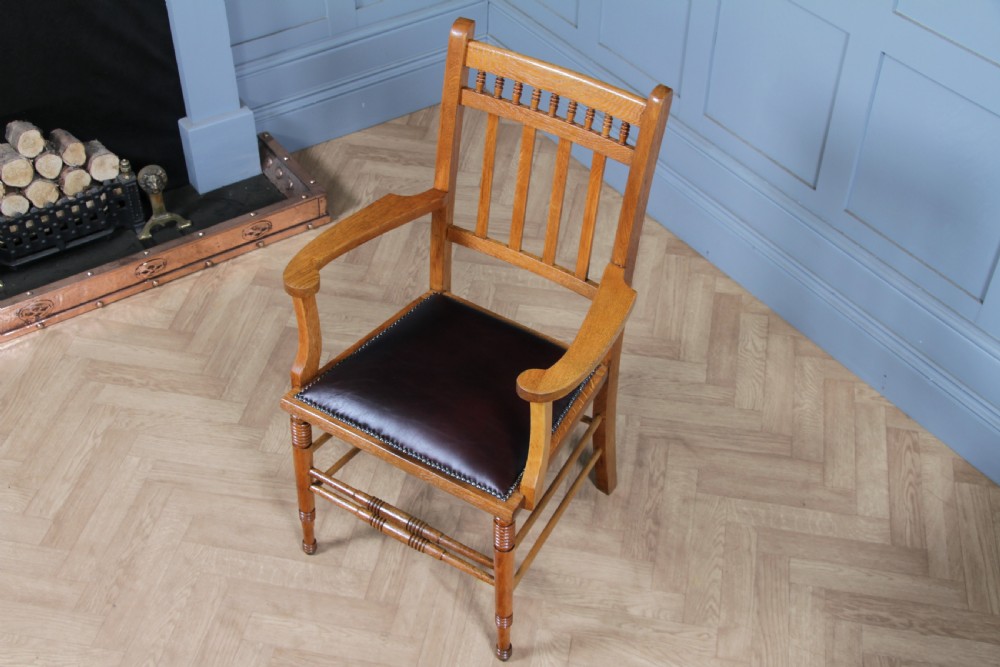 Edwardian Arts & Crafts Colonial Oak & Leather Armchair Fireside Desk Chair View II