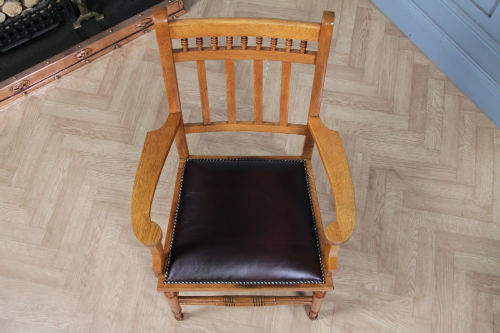 Edwardian Arts & Crafts Colonial Oak & Leather Armchair Fireside Desk Chair View IV