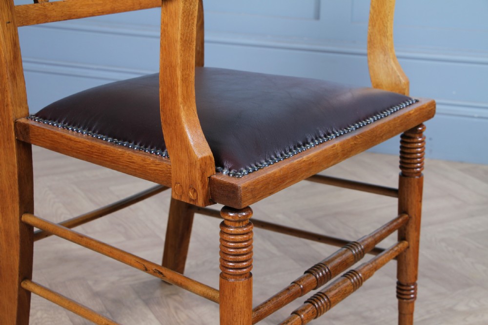 Edwardian Arts & Crafts Colonial Oak & Leather Armchair Fireside Desk Chair View VII