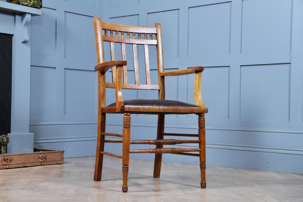 Edwardian Arts & Crafts Colonial Oak & Leather Armchair Fireside Desk Chair View IX