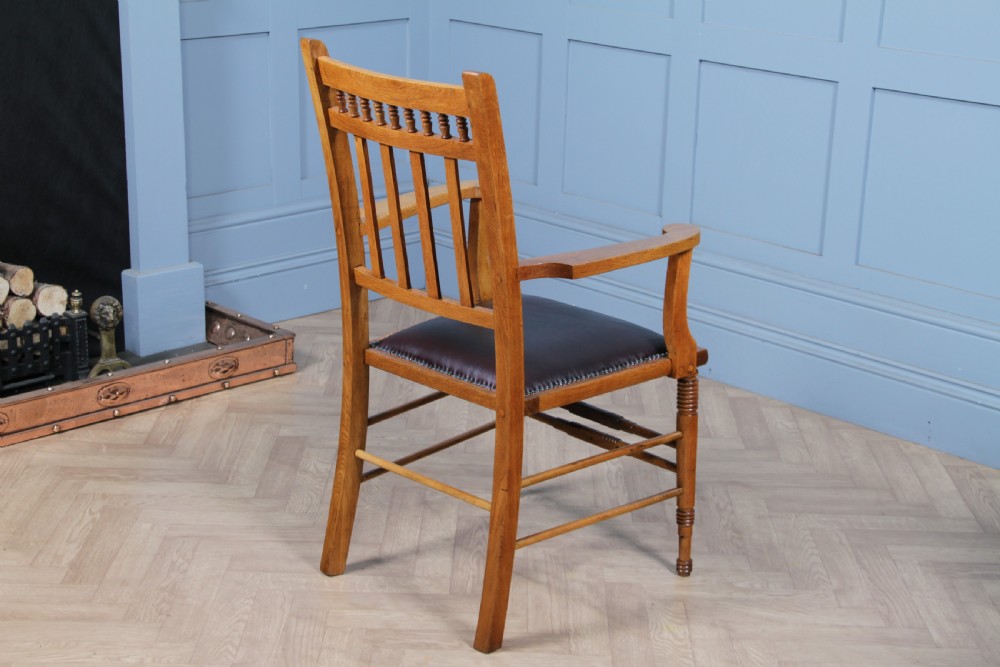 Edwardian Arts & Crafts Colonial Oak & Leather Armchair Fireside Desk Chair View X