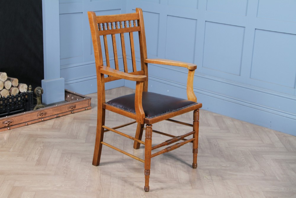 Edwardian Arts & Crafts Colonial Oak & Leather Armchair Fireside Desk Chair View XI