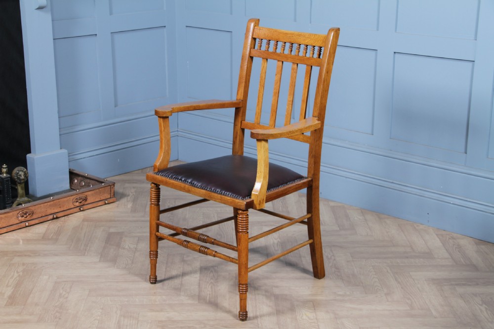 Edwardian Arts & Crafts Colonial Oak & Leather Armchair Fireside Desk Chair View XII
