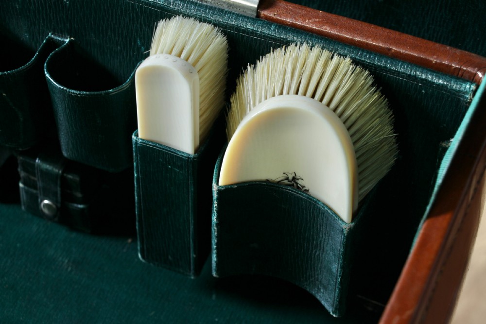 A rectangular chestnut brown leather suitcase with brass slide latches, a central leather handle, and black stencilled lettering reading C. ANTROBUS. View XVII