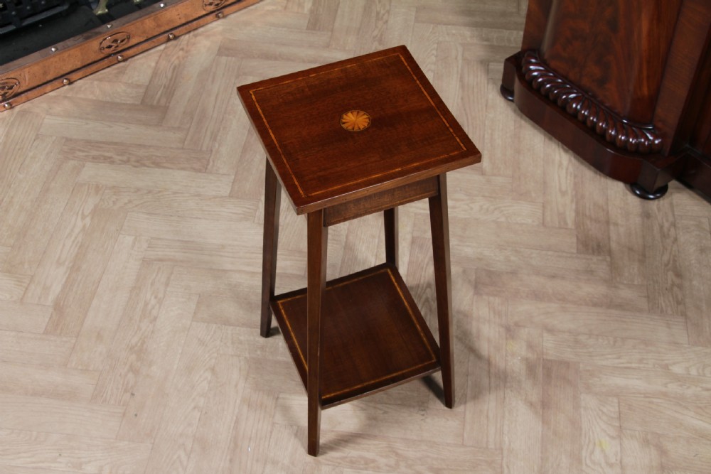 Antique Edwardian Mahogany Inlaid 2 Tier Jardiniere Plant Table View IV