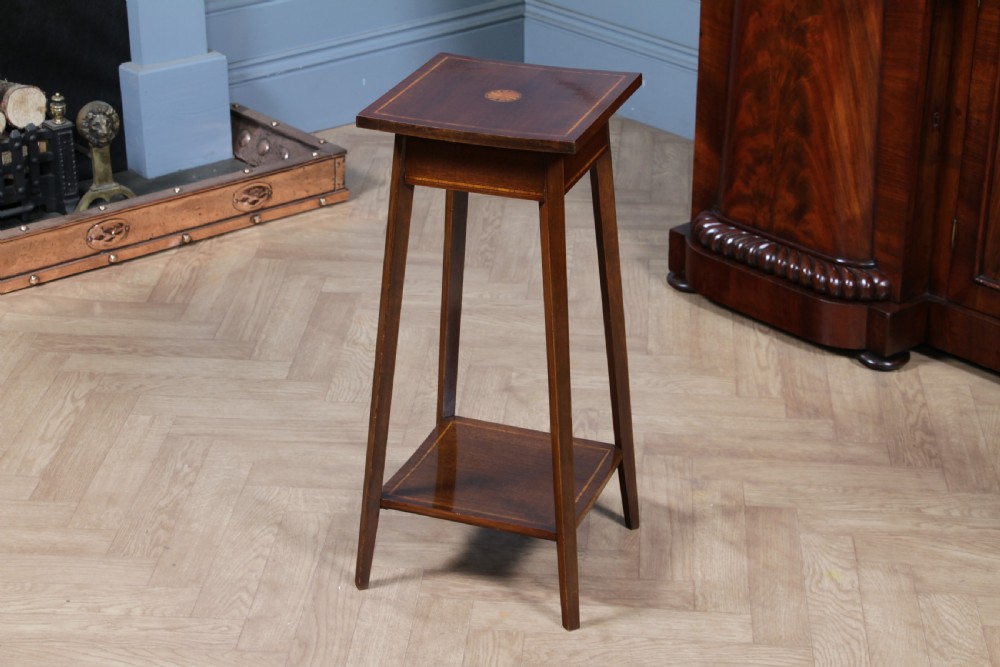 Antique Edwardian Mahogany Inlaid 2 Tier Jardiniere Plant Table View V