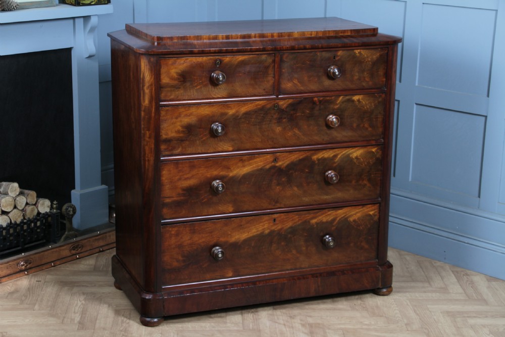 Original Antique Victorian Flame Grain Tall Mahogany Chest Bank of 5 Drawers