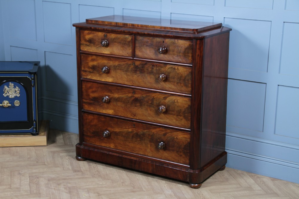 Original Antique Victorian Flame Grain Tall Mahogany Chest Bank of 5 Drawers View II
