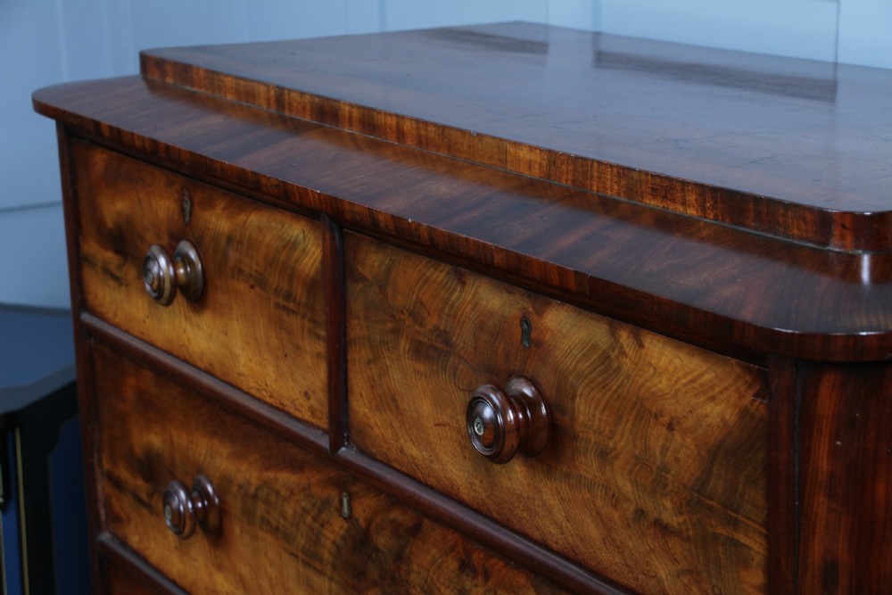 Original Antique Victorian Flame Grain Tall Mahogany Chest Bank of 5 Drawers View IV
