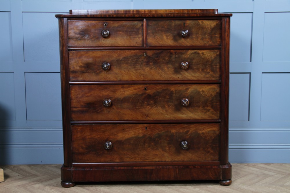 Original Antique Victorian Flame Grain Tall Mahogany Chest Bank of 5 Drawers View V