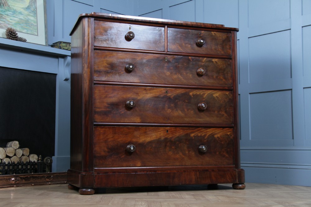 Original Antique Victorian Flame Grain Tall Mahogany Chest Bank of 5 Drawers View VI