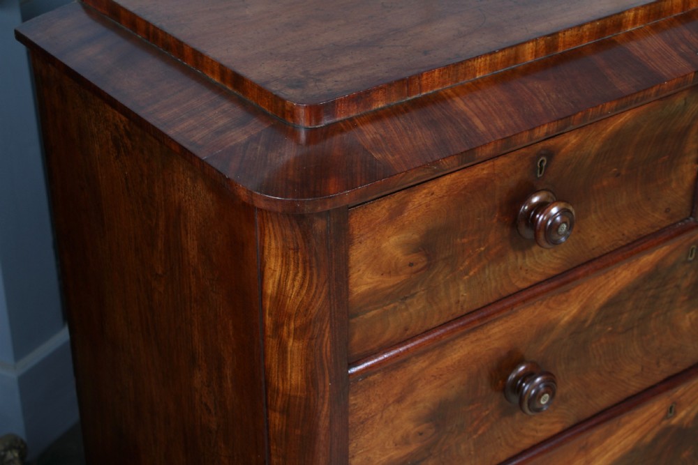 Original Antique Victorian Flame Grain Tall Mahogany Chest Bank of 5 Drawers View VIII