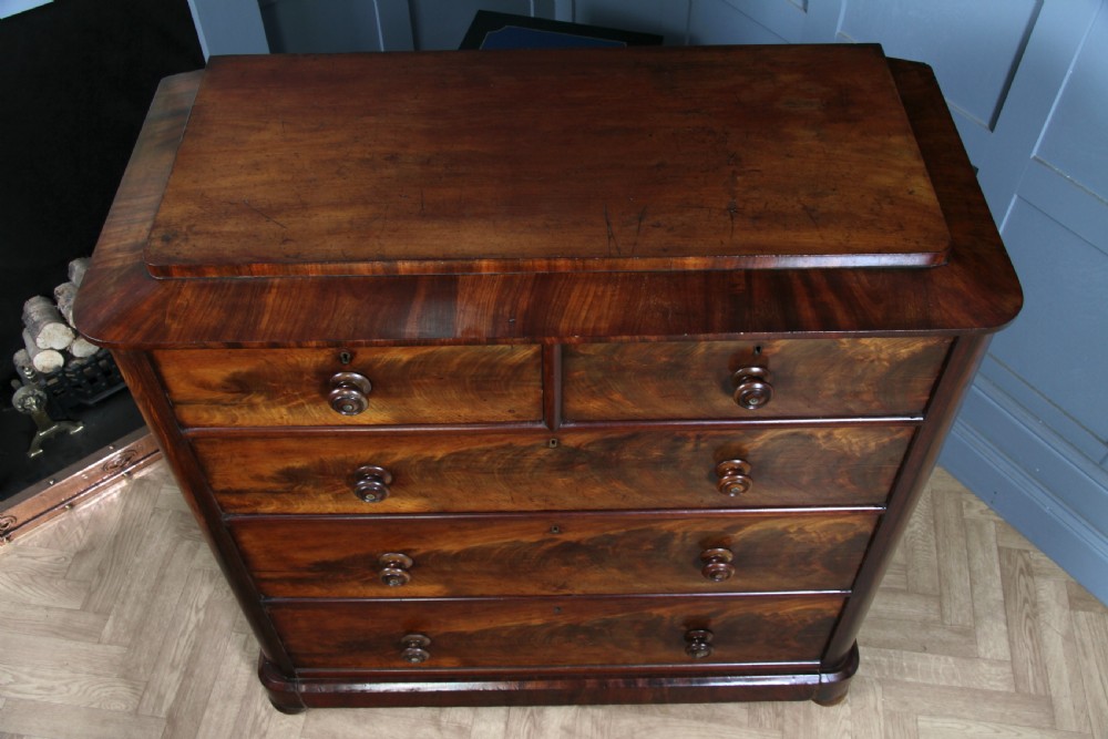 Original Antique Victorian Flame Grain Tall Mahogany Chest Bank of 5 Drawers View IX