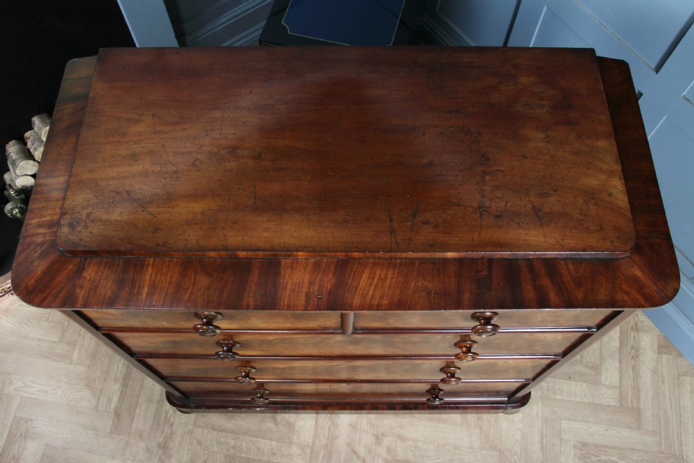 Original Antique Victorian Flame Grain Tall Mahogany Chest Bank of 5 Drawers View X