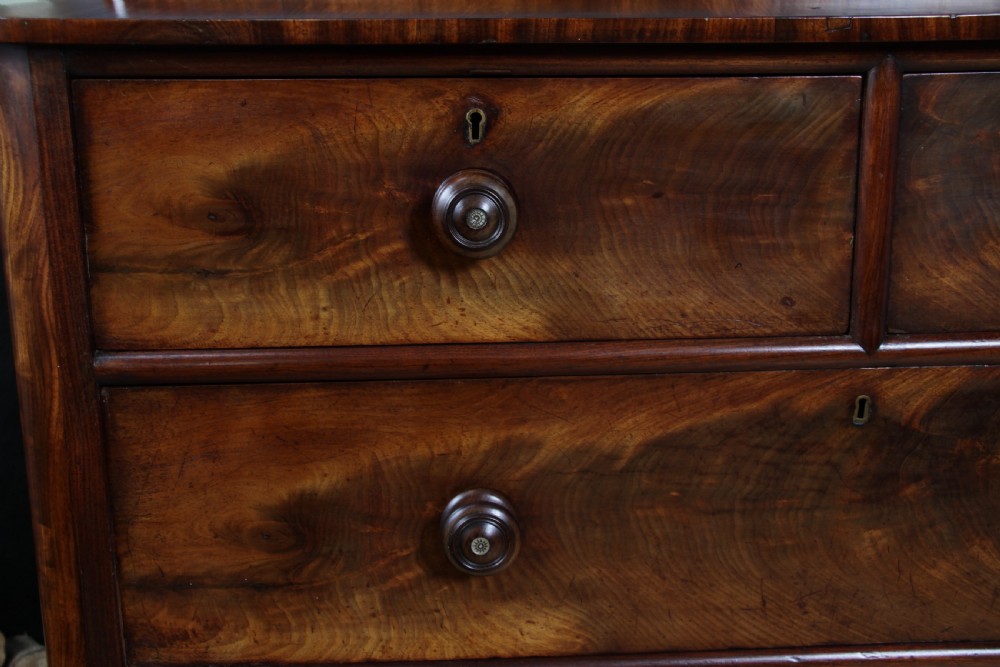 Original Antique Victorian Flame Grain Tall Mahogany Chest Bank of 5 Drawers View XI