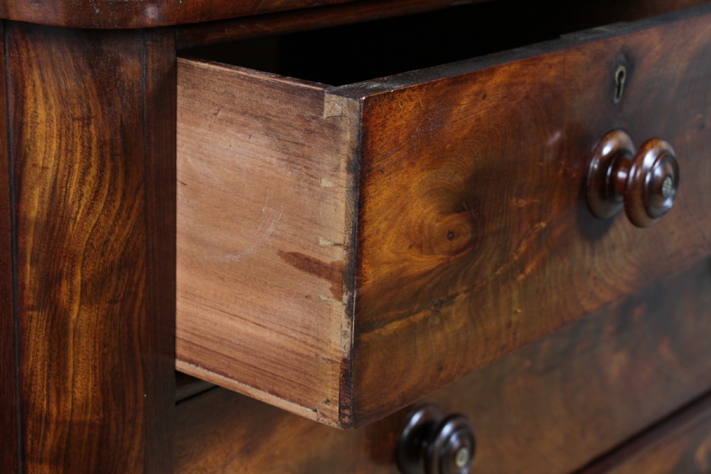 Original Antique Victorian Flame Grain Tall Mahogany Chest Bank of 5 Drawers View XIII