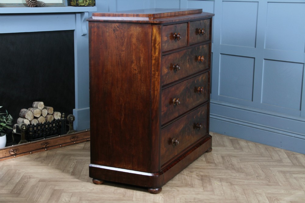 Original Antique Victorian Flame Grain Tall Mahogany Chest Bank of 5 Drawers View XVI