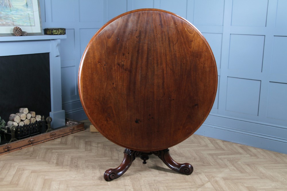 Antique Victorian Solid Mahogany Carved Tilt Top Round Breakfast Dining Table View III