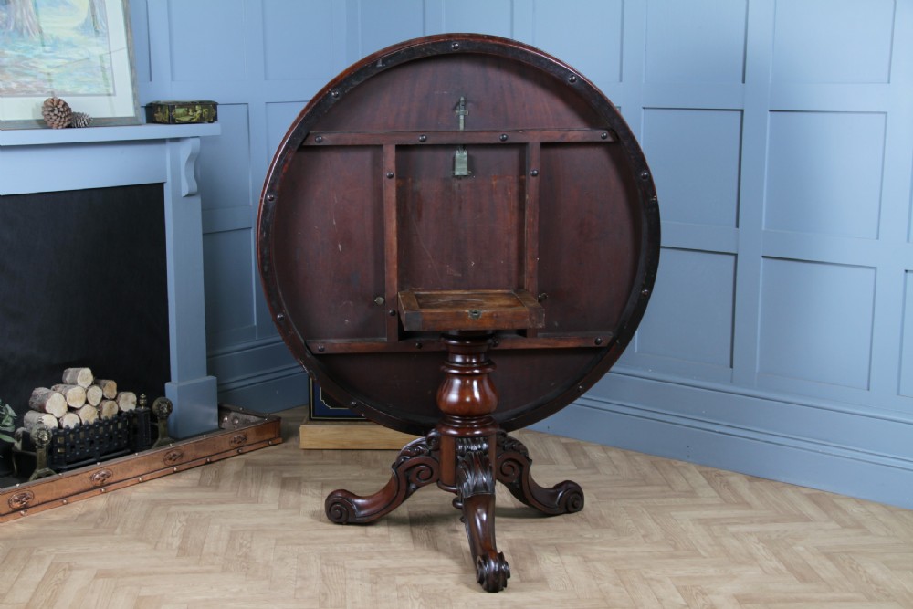 Antique Victorian Solid Mahogany Carved Tilt Top Round Breakfast Dining Table View IV