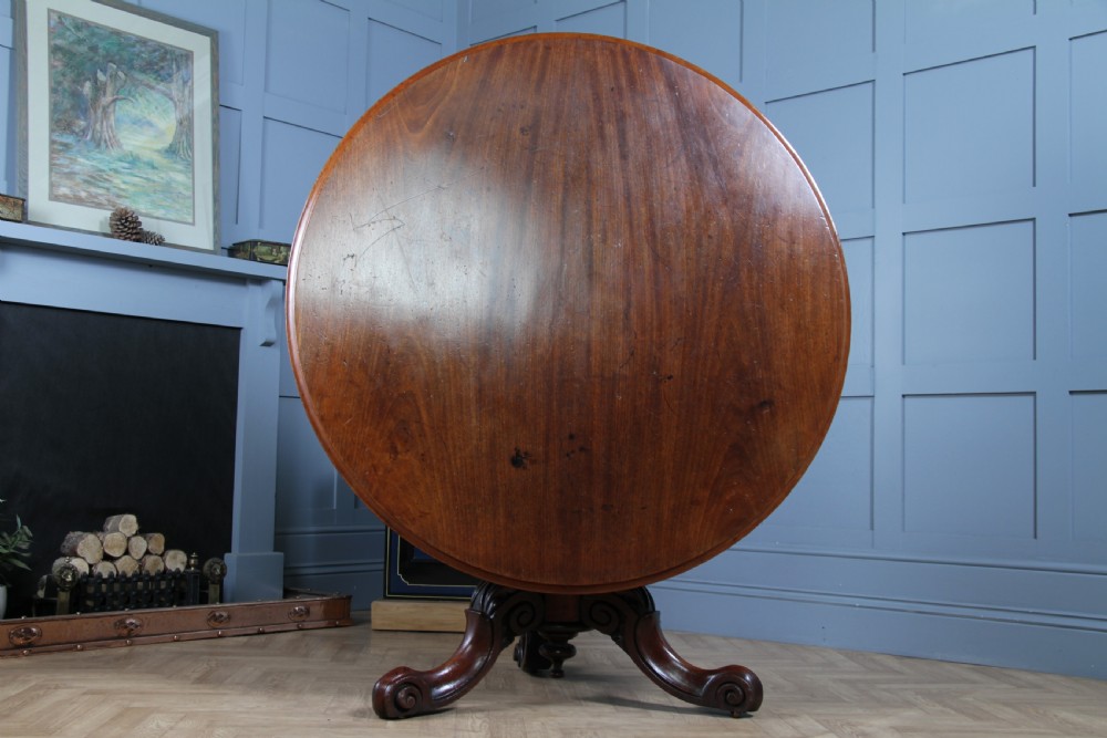 Antique Victorian Solid Mahogany Carved Tilt Top Round Breakfast Dining Table View VI