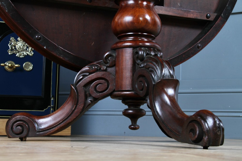 Antique Victorian Solid Mahogany Carved Tilt Top Round Breakfast Dining Table View VII