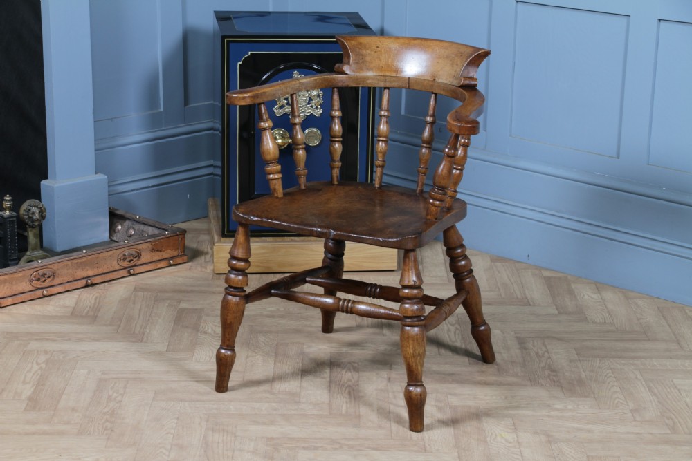 Original Antique Victorian Ash & Elm Smokers Bow Elbow Chair Captains Armchair View III