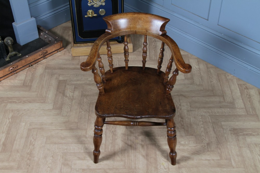 Original Antique Victorian Ash & Elm Smokers Bow Elbow Chair Captains Armchair View V