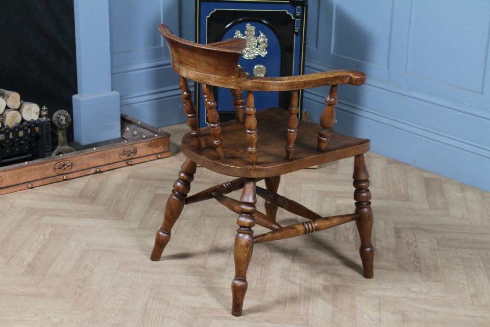 Original Antique Victorian Ash & Elm Smokers Bow Elbow Chair Captains Armchair View VIII