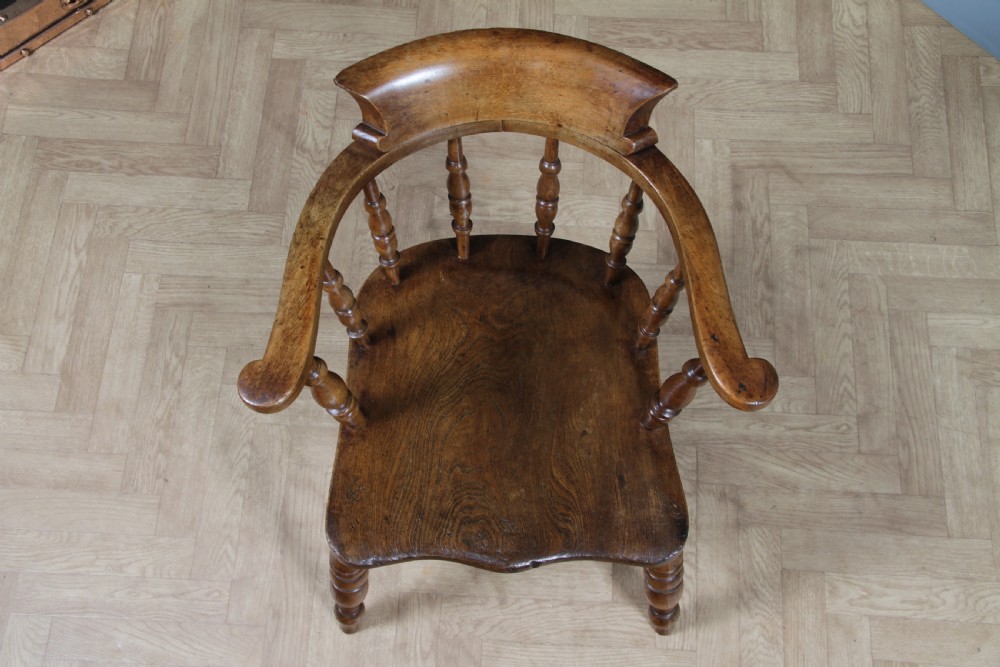 Original Antique Victorian Ash & Elm Smokers Bow Elbow Chair Captains Armchair View X