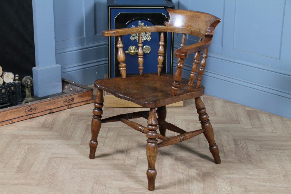 Original Antique Victorian Ash & Elm Smokers Bow Elbow Chair Captains Armchair View XIII