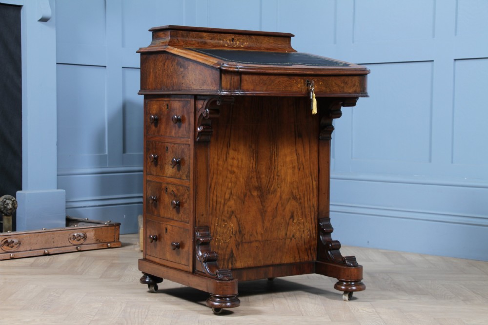 Original Antique Victorian Walnut 4 Drawer Davenport Desk Inlaid Restored C1850 View IV