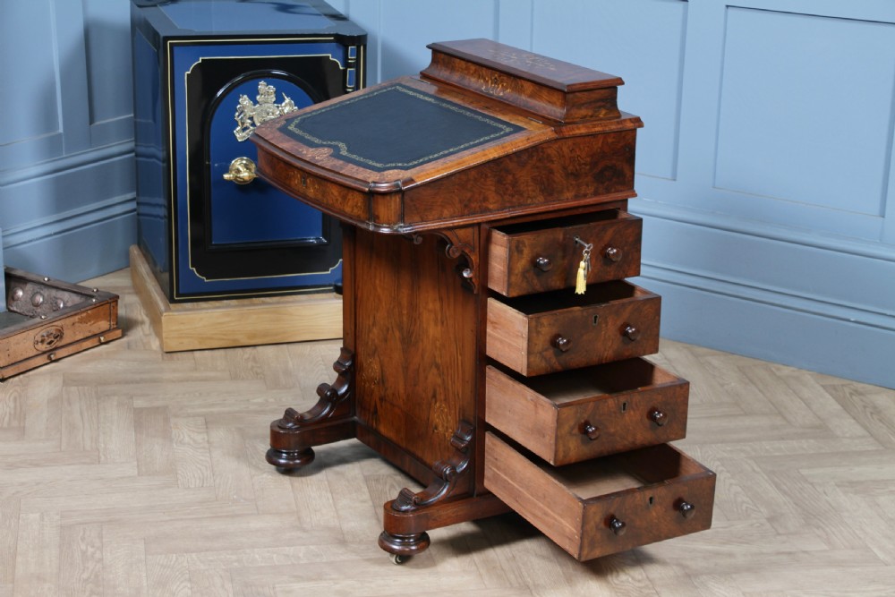 Original Antique Victorian Walnut 4 Drawer Davenport Desk Inlaid Restored C1850 View V