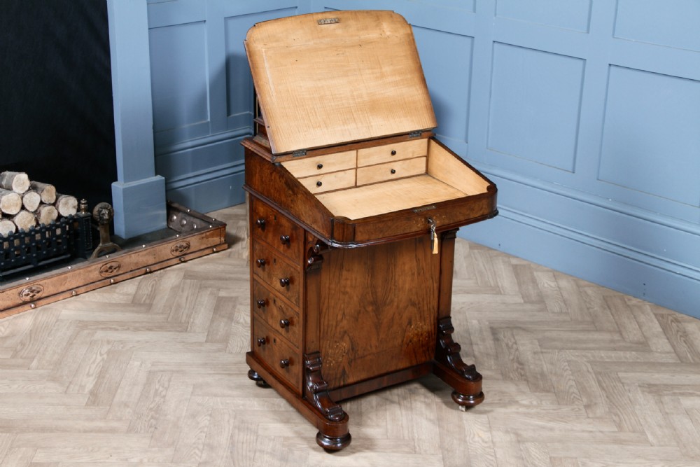 Original Antique Victorian Walnut 4 Drawer Davenport Desk Inlaid Restored C1850 View VII