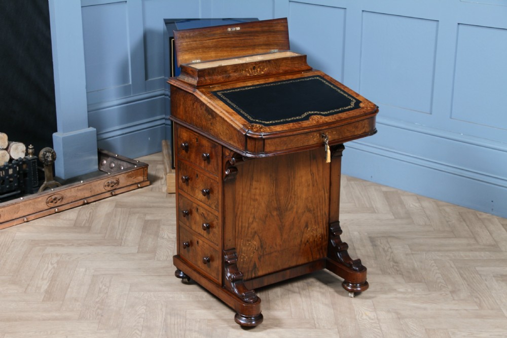Original Antique Victorian Walnut 4 Drawer Davenport Desk Inlaid Restored C1850 View IX