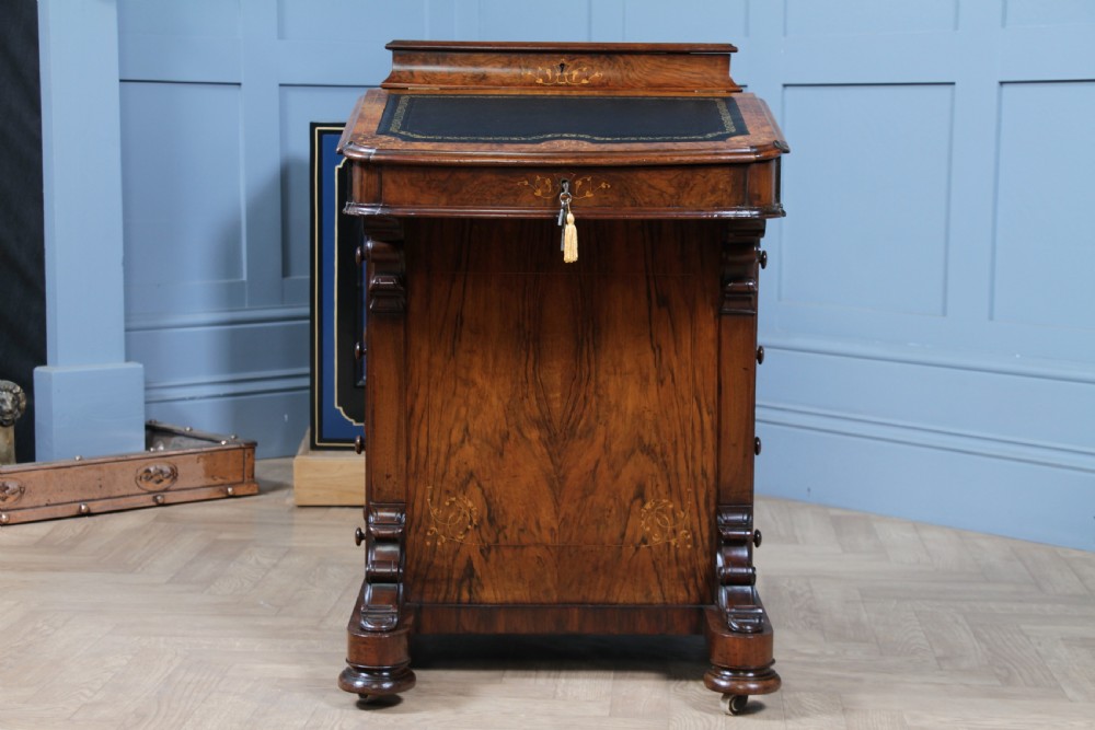Original Antique Victorian Walnut 4 Drawer Davenport Desk Inlaid Restored C1850 View XVI