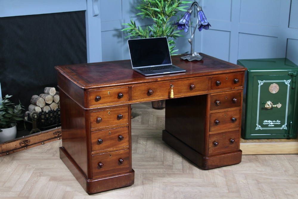 Antique Victorian Curved Front Mahogany 9 Drawer Twin Pedestal Leather Top Writing Desk 1870