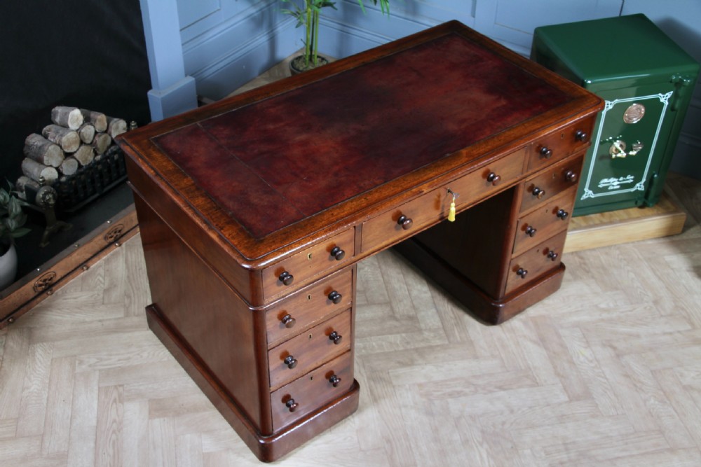 Antique Victorian Curved Front Mahogany 9 Drawer Twin Pedestal Leather Top Writing Desk 1870 View III