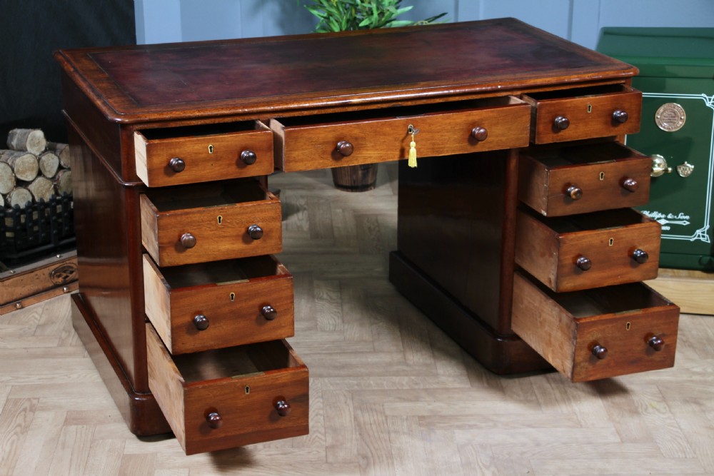 Antique Victorian Curved Front Mahogany 9 Drawer Twin Pedestal Leather Top Writing Desk 1870 View IV